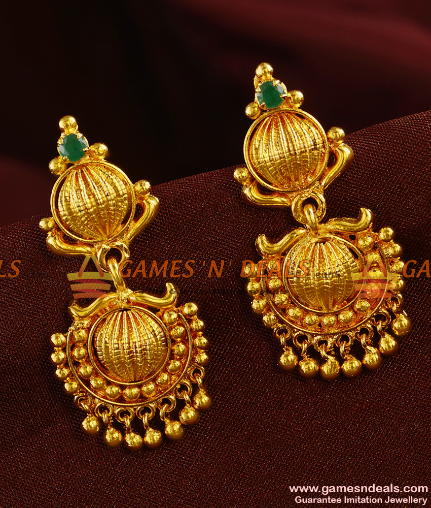 ER368 South Indian Gold Plated Guarantee Daily Wear Green Stone Earrings